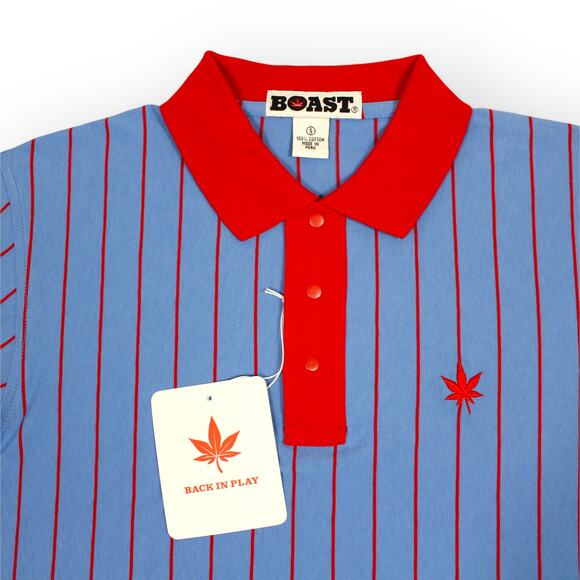 BOAST USA Men Small Vertical Stripe Polo Carolina Blue Red Leaf Logo NWT $95 - Picture 3 of 10